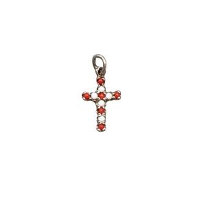 2/$30 Vintage Small Sterling Silver Coral Red White Cross Pendant Charm Jesus
